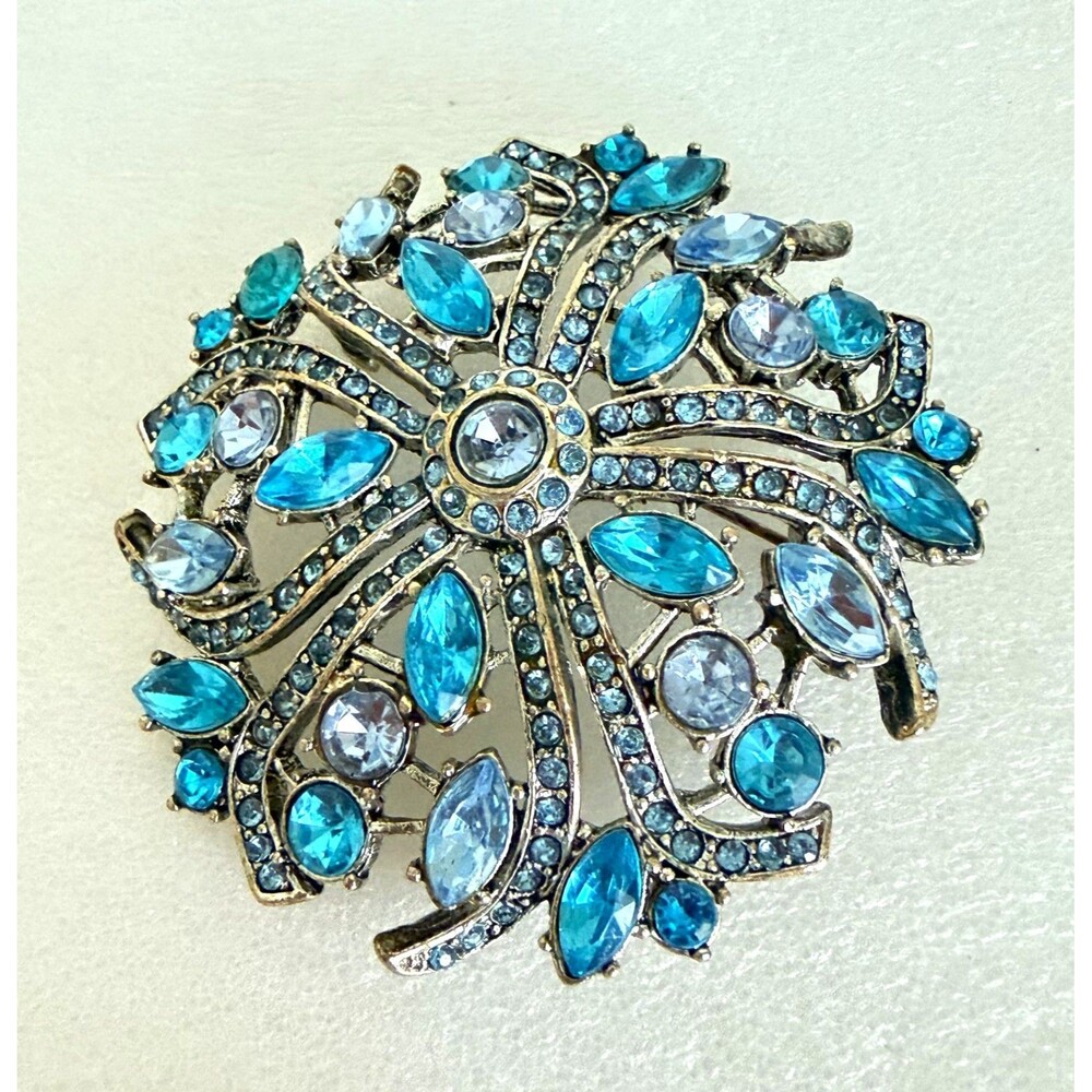 Vintage 1960s Aqua Blue Crystal Rhinestone Dome Brooch Pin Statement 2.25"